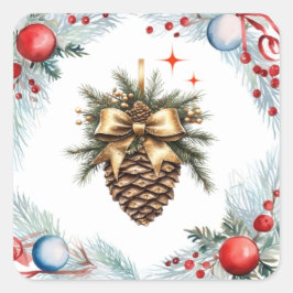 Pegatina Cuadrada Cono De Pino Rodeado De Hierba Y Ornamentos