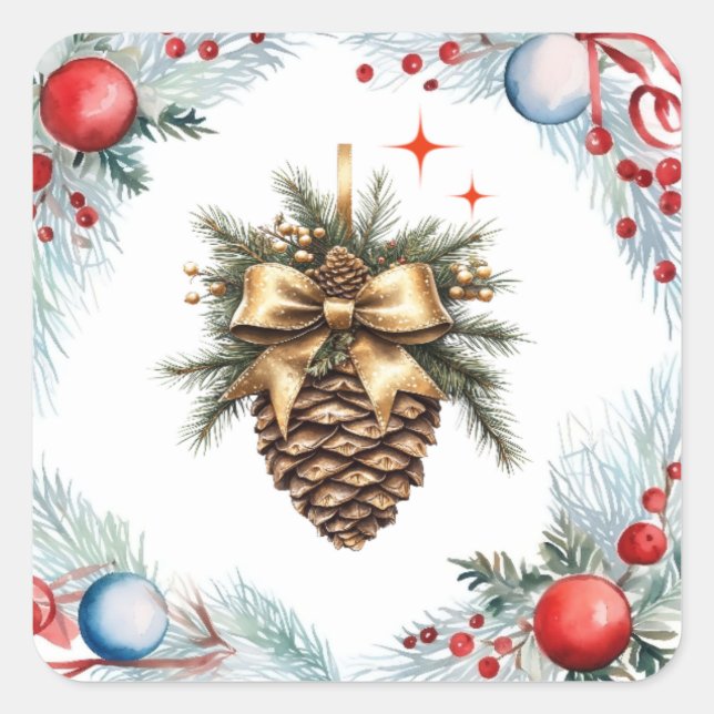 Pegatina Cuadrada Cono De Pino Rodeado De Hierba Y Ornamentos (Anverso)