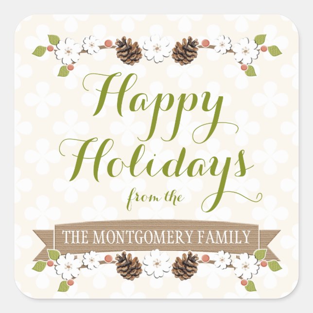 Pegatina Cuadrada Cono de pino y Laurel flado con bayas (Anverso)