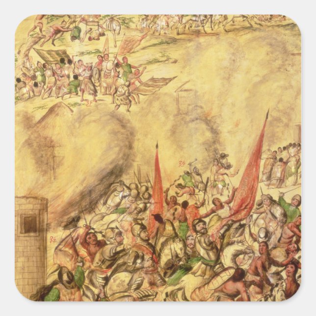 Pegatina Cuadrada Conquista de México: Los españoles se retiran (Anverso)