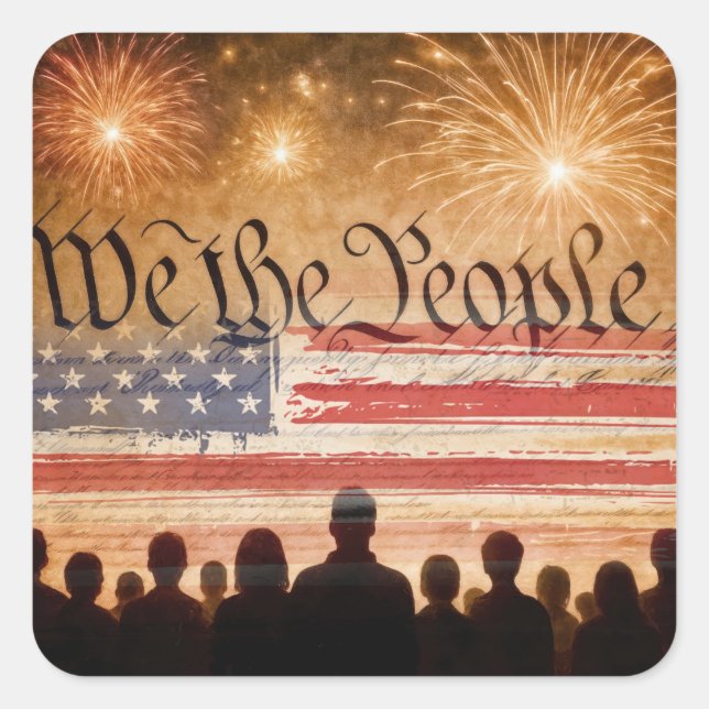 Pegatina Cuadrada Constitución de Estados Unidos con fuegos artifici (Anverso)