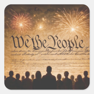 Pegatina Cuadrada Constitución de los Estados Unidos con Fuegos Arti
