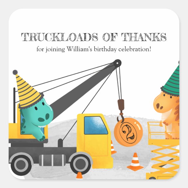 Pegatina Cuadrada Construcción 2.º Fiesta de cumpleaños, tema de din (Anverso)