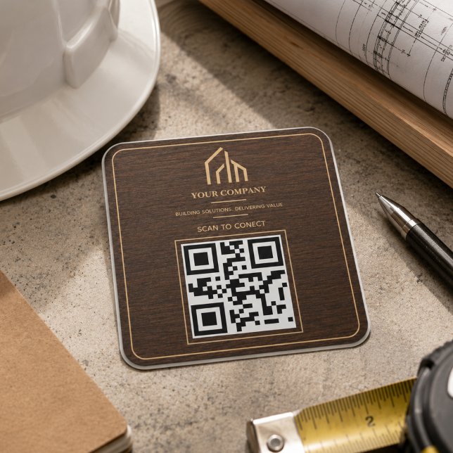 Pegatina Cuadrada Construcción de código QR de grano de madera moder (Modern Wood Grain QR Code Construction Square Sticker
)