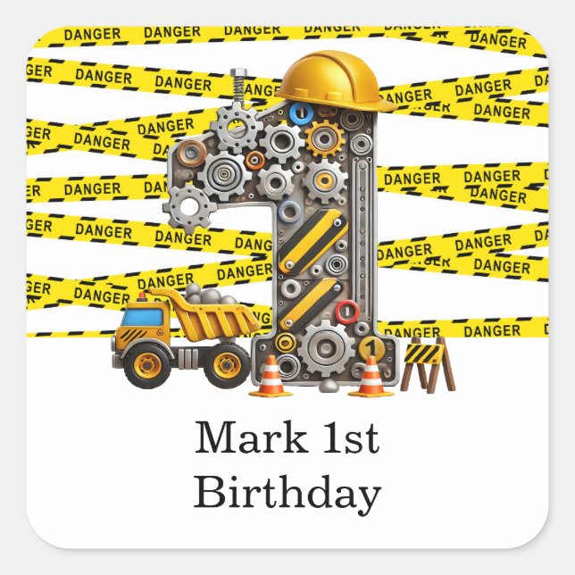 Pegatina Cuadrada Construcción Fiesta de Cumpleaños (Anverso)