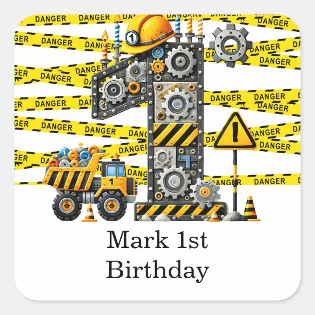 Pegatina Cuadrada Construcción Fiesta de Cumpleaños (Anverso)