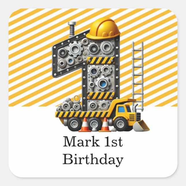 Pegatina Cuadrada Construcción Fiesta de Cumpleaños (Anverso)