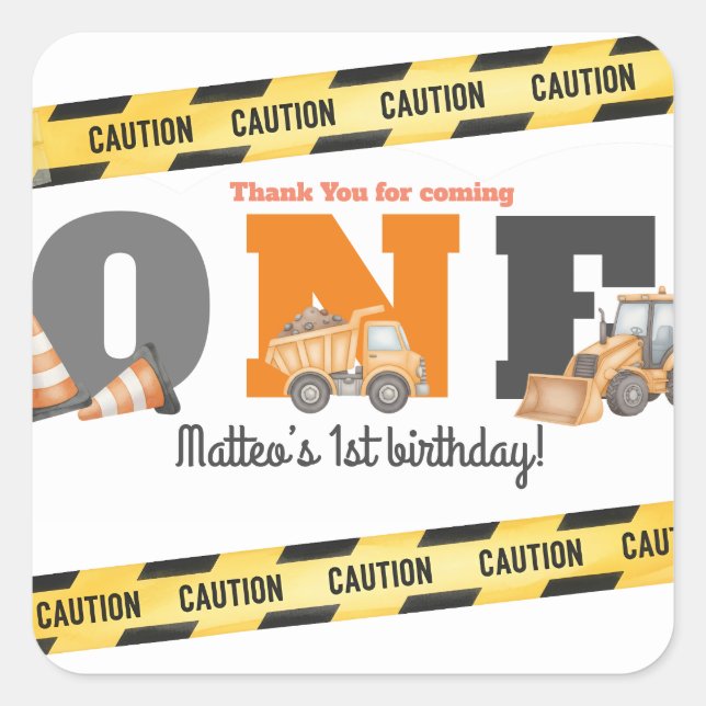 Pegatina Cuadrada Construction Vehicles First Birthday Dump Truck (Anverso)