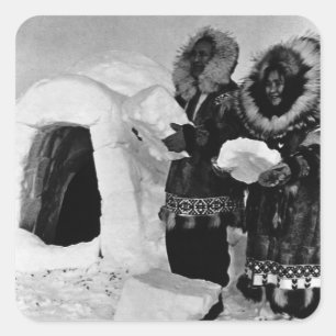 Pegatina Cuadrada Constructores de igloo de Alaska en EEUU 1970