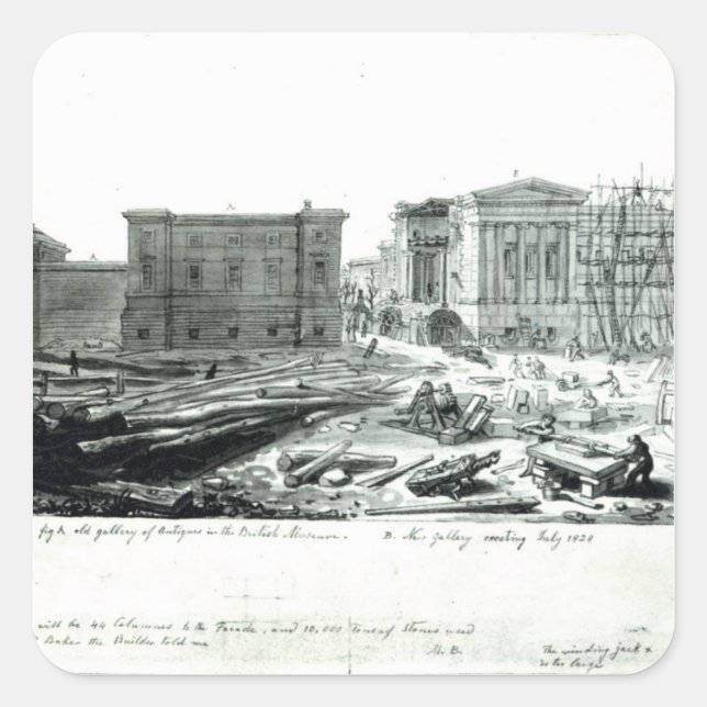 Pegatina Cuadrada Construyendo la nueva galería del Museo Británico (Anverso)