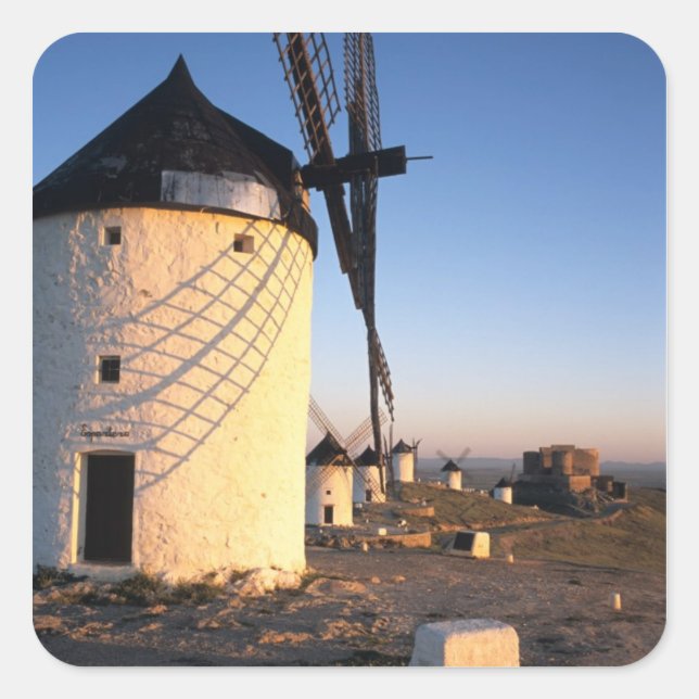 Pegatina Cuadrada Consuegra, La Mancha, España, molinos de viento (Anverso)