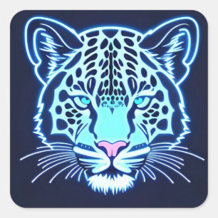 Pegatina Cuadrada Contorno de cabeza de jaguar neón sobre fondo oscu