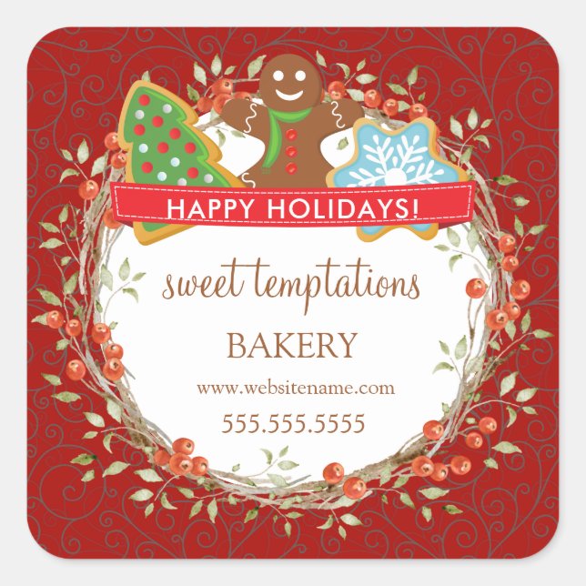 Pegatina Cuadrada Cookie de Navidades de Holiday Berry Wreath (Anverso)