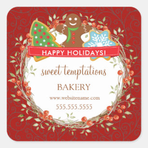 Pegatina Cuadrada Cookie de Navidades de Holiday Berry Wreath