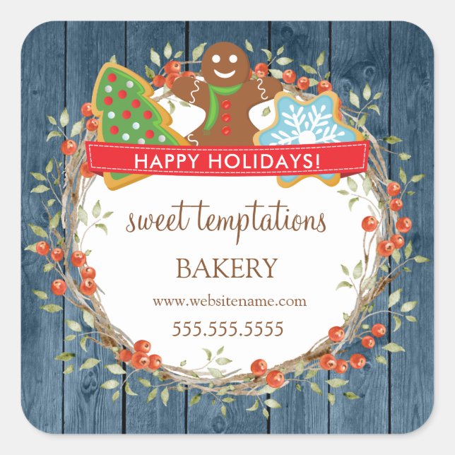 Pegatina Cuadrada Cookie de Navidades de Holiday Berry Wreath (Anverso)