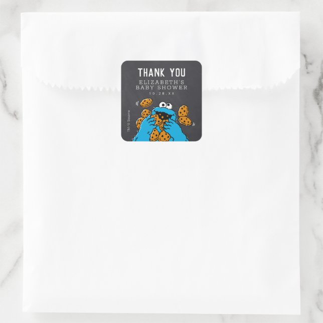 Pegatina Cuadrada Cookie Monster Chalkboard Baby Shower Gracias (Bolso)