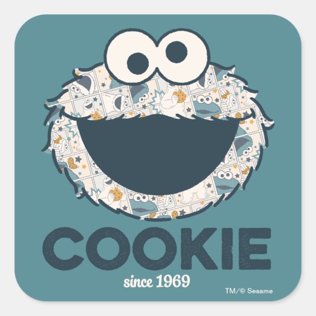 Pegatina Cuadrada Cookie Monster | Cookie desde 1969 (Anverso)
