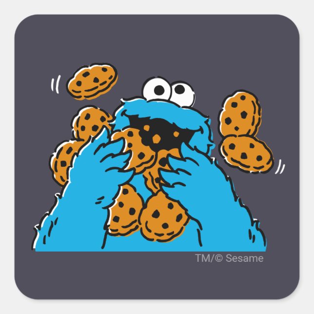 Pegatina Cuadrada Cookie Monster Eating All the Cookies (Anverso)
