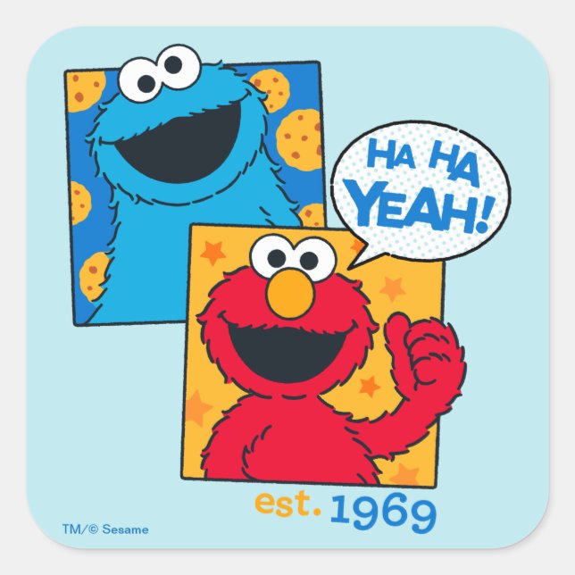 Pegatina Cuadrada Cookie Monster y Elmo | Ha Ha Yeah (Anverso)