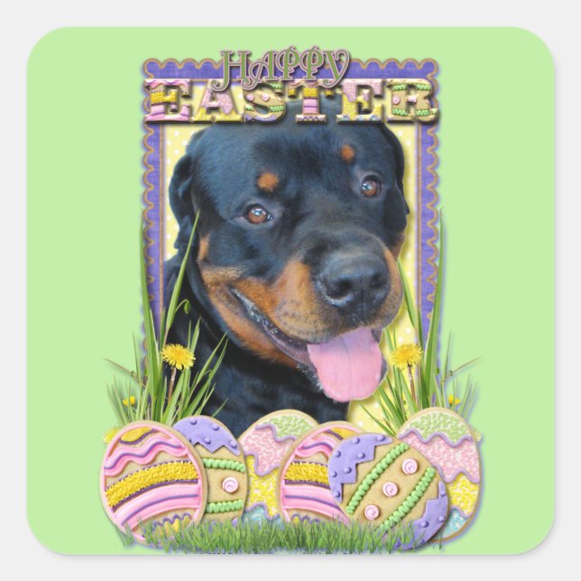 Pegatina Cuadrada Cookies de Huevo de Pascua - Rottweiler - Harley (Anverso)