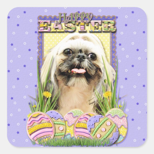 Pegatina Cuadrada Cookies de Huevo de Pascua - Shih Tzu - Opal (Anverso)