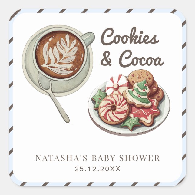 Pegatina Cuadrada Cookies y Cocoa Warm Boy Baby Shower (Anverso)