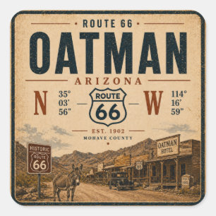 Pegatina Cuadrada Coordenadas de Oatman Arizona Arte Vintage