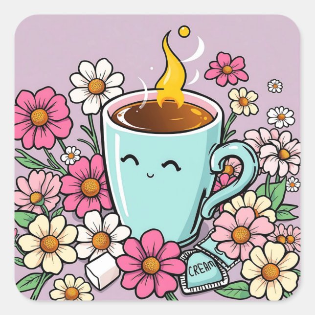 Pegatina Cuadrada Copa de Coffee y Flores Cálidas (Anverso)