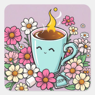 Pegatina Cuadrada Copa de Coffee y Flores Cálidas