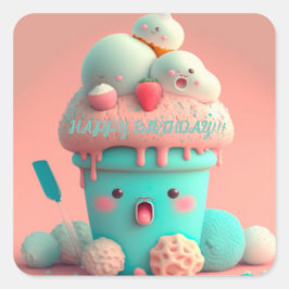 Pegatina Cuadrada Copa de helados de Kawaii