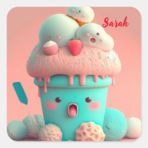 Pegatina Cuadrada Copa de helados de Kawaii