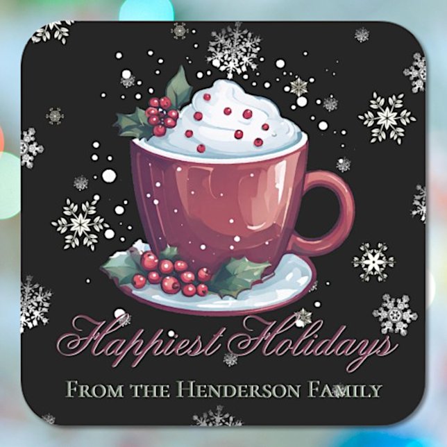 Pegatina Cuadrada Copa de navidades de chocolate caliente personaliz (Christmas Cup of Hot Chocolate Personalized Sticker)