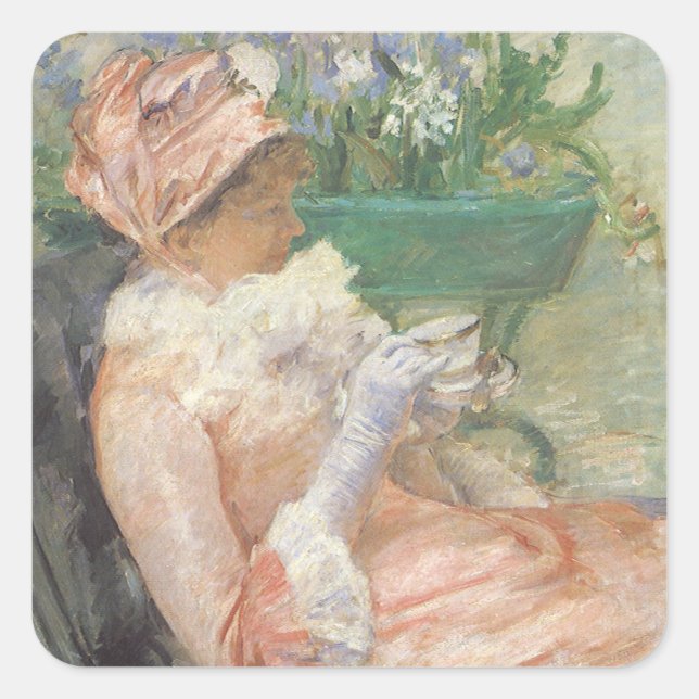 Pegatina Cuadrada Copa de Té de Mary Cassatt, el impresionismo vinta (Anverso)