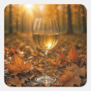 Pegatina Cuadrada Copa de Vino Blanco Entre Hojas de Arce de Otoño