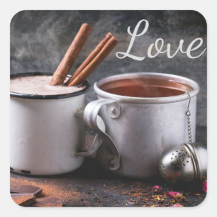 Pegatina Cuadrada Copa Rústica de té y chocolate caliente en amor