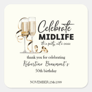 Pegatina Cuadrada Copas de Celebración de Mitad de Vida Elegante Cum