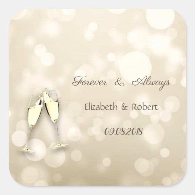 Pegatina Cuadrada Copas de vino con bokeh elegante para boda (Anverso)