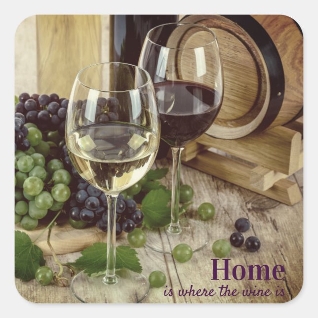 Pegatina Cuadrada Copas de vino tinto y blanco uvas barril (Anverso)