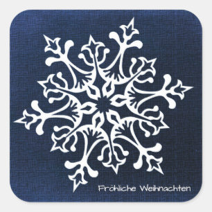 Pegatina Cuadrada Copo de nieve blanco en Blue Fröhliche Weihnachte