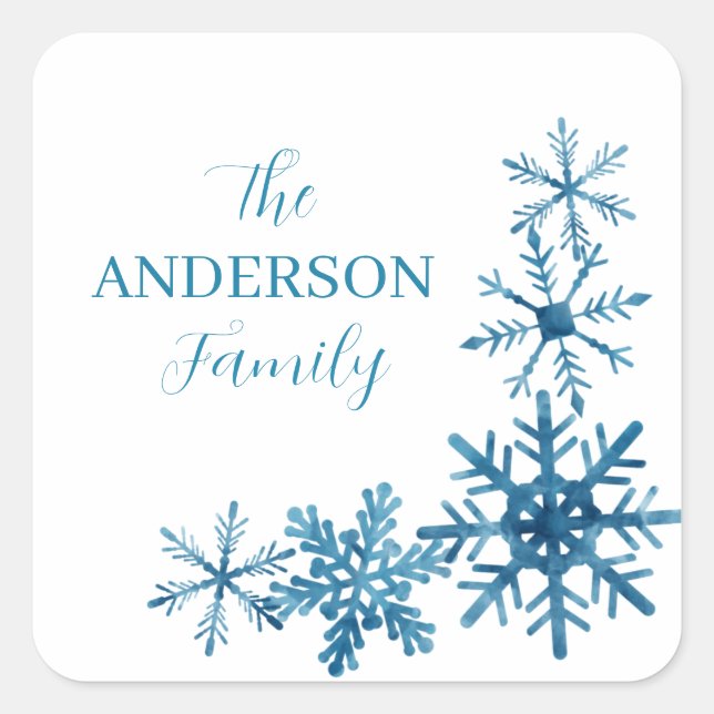 Pegatina Cuadrada Copo de nieve con firma familiar personalizada (Anverso)