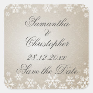 Pegatina Cuadrada Copos de nieve y Damask Save the Date