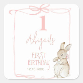 Pegatina Cuadrada Coqueta Rosada Peter el Conejo Primer Cumpleaños