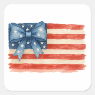 Pegatina Cuadrada Coquette Bow American Flag Watercolor 4 de julio