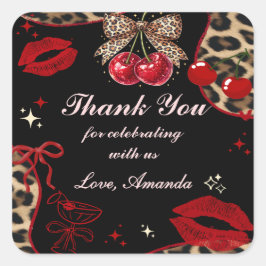 Pegatina Cuadrada Coquette Bow Cherry Cheetah Birthday Sticker