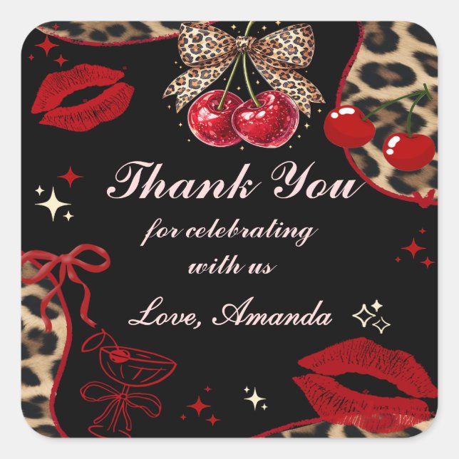 Pegatina Cuadrada Coquette Bow Cherry Cheetah Birthday Sticker (Anverso)