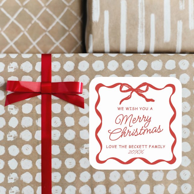 Pegatina Cuadrada Coquette Curvy Ribbon & Bow Retro Merry Christmas (Subido por el creador)