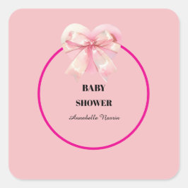 Pegatina Cuadrada Coquette Pink Bow Ribbon Girl Baby Shower