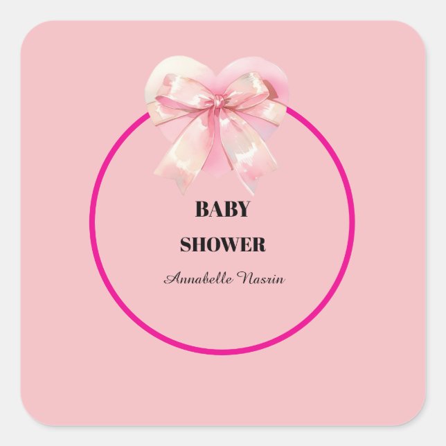 Pegatina Cuadrada Coquette Pink Bow Ribbon Girl Baby Shower (Anverso)
