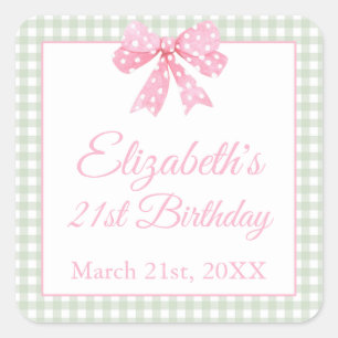 Pegatina Cuadrada Coquette Pink Bow Y Sage Gingham Cumpleaños 21