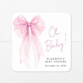 Pegatina Cuadrada Coquette rosa Bow Watercolour Baby Shower